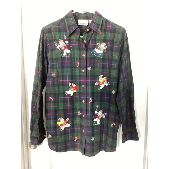Casey & Max Women Plaid Flannel Holiday Button Front embroidered Top Blue Small - Picture 1 of 8